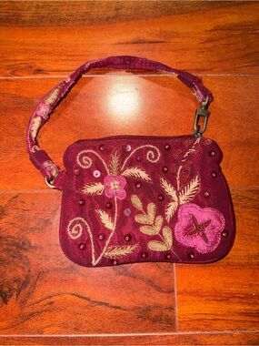 Vintage Express Small Maroon Embroidered Fabric Purse Wristlet Bag Beaded Floral